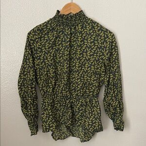 Alice Blue leaf print peplum mock neck career blouse S
